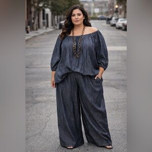 Dark Blue Chambray Off-Shoulder Top & Wide Leg Pants  Size 3X